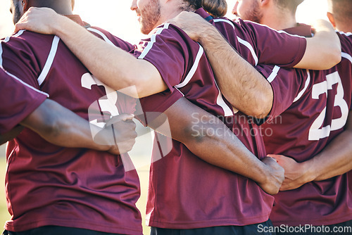 Image of Hug, sports and men at game for rugby, team support or solidarity for a competition. Back, motivation and men or athlete teamwork with a huddle, collaboration and friends with community on a field