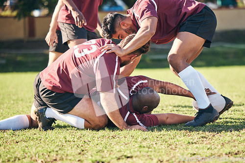 Image of Rugby, sports and training with a team on a field together for a game or match in preparation of a competition. Fitness, health and teamwork with a group of men outdoor on grass for club practice