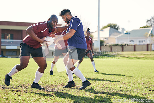 Image of Rugby, sports and rival with a team on a field together for a game or match in preparation of a competition. Fitness, health and teamwork with a male athlete group training on grass for practice