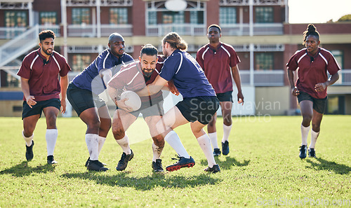 Image of Rugby, fitness and tackle with a team on a field together for a game or match in preparation of a competition. Sports, training and teamwork with a group of men outdoor on grass for club practice