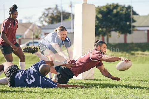 Image of Rugby, sports and score with a team on a field together for a game or match in preparation of a competition. Fitness, health and try with a group of men outdoor on grass for club training or practice