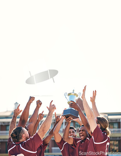 Image of Rugby, team and winning with trophy, champion and men at stadium with success, celebration and achievement. Male people outdoor, exercise and competition, sports game and cheers with mockup space