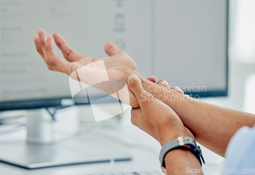 Image of Hand, work and a person with an injury or arthritis from corporate or typing stress. Closeup, business and an employee with an arm problem, burnout pain or massage after an accident in the workplace