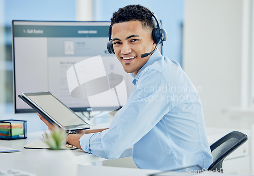 Image of Technology, consultant and portrait of help in call center, customer service and advice in technical support on tablet or computer. Contact us, agent and businessman online with care in communication