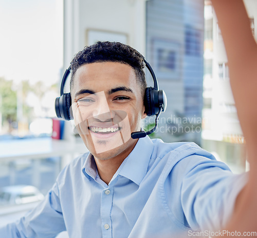 Image of Happy man, call center selfie and communication portrait in customer service or technical support on social media. Face of consultant, virtual agent or business person smile in office profile picture