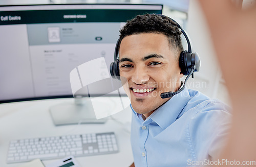 Image of Man, call center selfie and communication portrait for customer service and e commerce on computer screen. Face of consultant, agent or business person for social media or profile picture on desktop