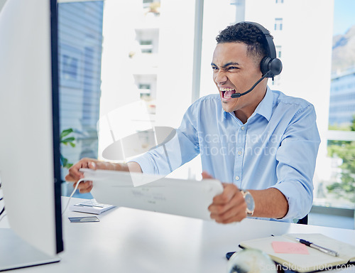 Image of Stress, call center or angry scream of man at computer for problem, 404 glitch and telemarketing mistake. Crazy, frustrated and anger of salesman with pc keyboard for tech error, challenge and crisis