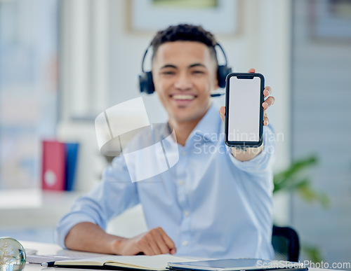 Image of Telemarketing, mockup and man with a smartphone, call center and advertising with customer service, ecommerce or employee. Person, agent or consultant with a cellphone screen, website or tech support