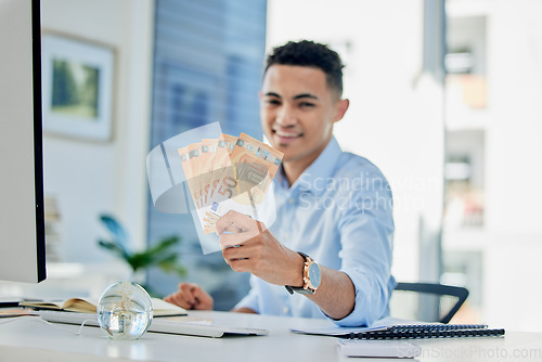 Image of Business man, money and cash on computer for stock market success, sales and profit or job investment. Portrait of winner, person or trader in office with cashback, trading bonus or financial offer