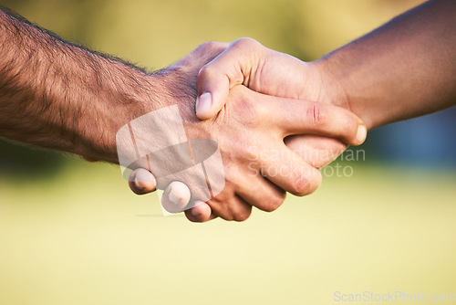 Image of Shaking hands, sports and team collaboration of men, exercise challenge or trust. Handshake, deal and athlete people in welcome, intro or thank you, agreement or partnership, closeup or mockup space