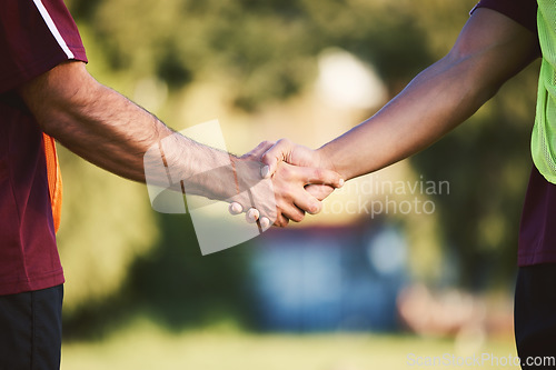 Image of Handshake, rugby team and challenge of men, exercise training or cooperation in outdoor sport. Shaking hands, partnership and athlete people in agreement, intro or thank you, welcome or collaboration