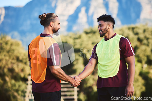 Image of Handshake, rugby team and men in sports, exercise training or cooperation at field outdoor. Shaking hands, partnership and happy athlete people in agreement, intro and thank you, welcome or challenge