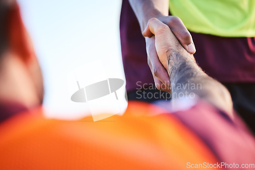 Image of Rugby, helping hand and teamwork, collaboration and support, cooperation and trust. Handshake, sports partnership and athlete people in agreement, solidarity and deal, thank you and welcome closeup