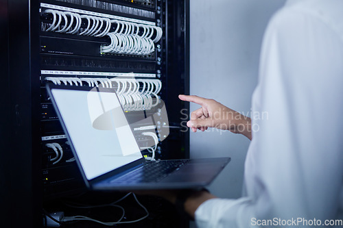 Image of Laptop, pointing hand and server room person, technician or programmer problem solving cloud computing network. Cybersecurity, mockup screen and closeup worker troubleshooting cable system connection