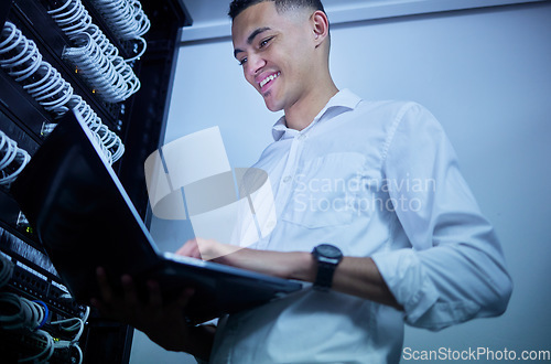 Image of Laptop, server room technician and happy man smile for cloud computing success, data center insight or online progress. Software program, information technology and person update system connection