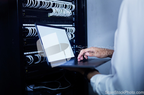 Image of Laptop, person hands or server room technician work on data center, online database or problem solving cloud computing network. Cybersecurity, computer screen mockup or worker service software system