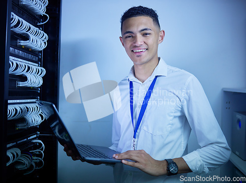 Image of Man, electrician and computer in server room inspection, cybersecurity maintenance and IT cables or hardware solution. Technician, engineering portrait and laptop for data, firewall and programming