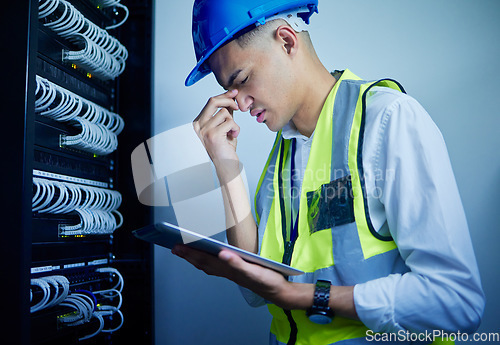 Image of Electrician, tablet and control room, man with headache and technology, power box with upgrade and health crisis. Migraine, overworked and male technician, energy supply check with digital assessment