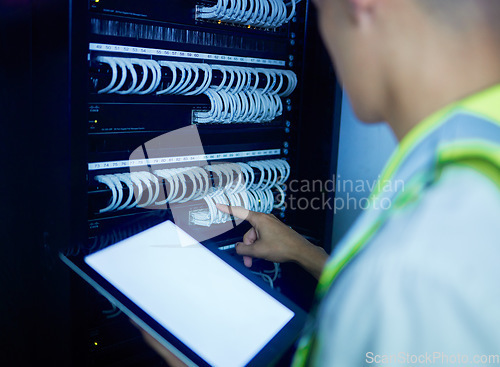 Image of Electrician, tablet screen and control room, man with mockup and technology, power box with cable and system server. Programming, UX and technician, energy supply check and digital assessment