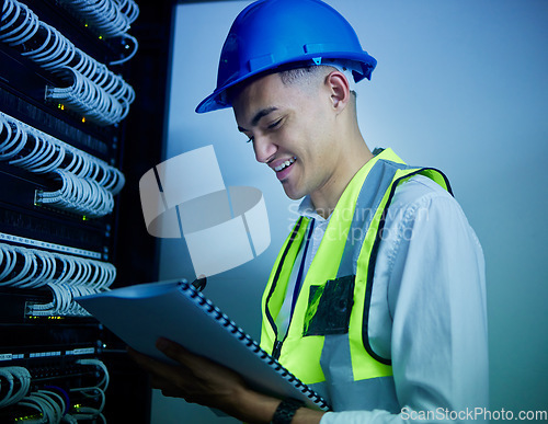 Image of Electrician, maintenance guide and control room, man with paperwork and power box with cable update and engineering. Documents, service and technician, energy supply and assessment with electricity