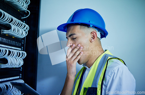 Image of Electrician, control room with man yawning, tired with tablet and tech, power box with update and burnout. Fatigue, overworked and stress of technician with energy supply check and digital assessment