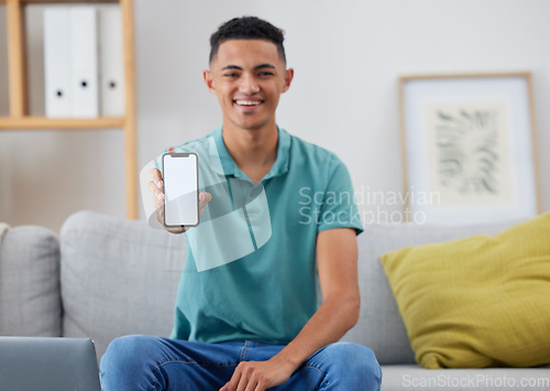 Image of Phone screen, mockup and smile with portrait of man for networking, social media and space. Internet, show and mobile app with person in living room of home for ui, communication and website offer