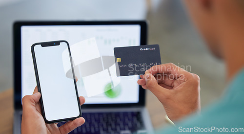 Image of Hands, credit card and phone screen, e commerce and fintech, laptop and analytics with payment. Customer person, online shopping and internet banking, app and finance with retail, market stats and UX