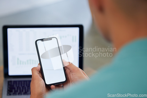 Image of Phone screen, mockup and social media, app and communication with laptop and market statistics. Smartphone, UX and technology, person and data analysis with dashboard on pc and information with UI