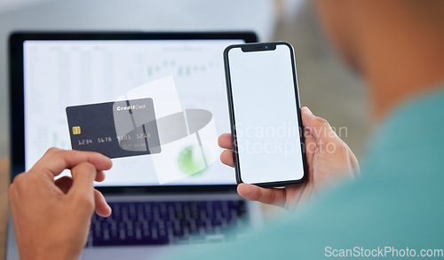 Image of Hands, credit card and phone screen, online shopping and fintech, laptop and analytics with payment. Customer person, e commerce and internet banking, app and finance with retail, market stats and UX