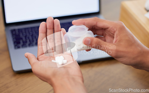 Image of Pills in hand, closeup and medicine with healthcare, vitamin supplements and medical prescription. Drugs, wellness and health with tablet for virus, sick person with medication and pharmaceutical