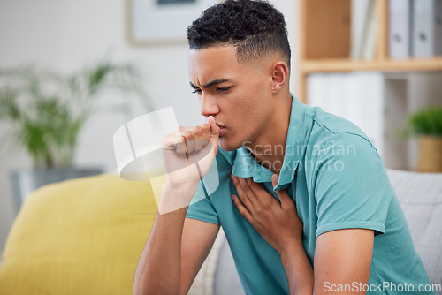 Image of Man, cough and sick with virus, health and covid, medicine with cold or flu while at home. Young male person, allergy and lung disease, healthcare and asthma, infection and illness with bacteria