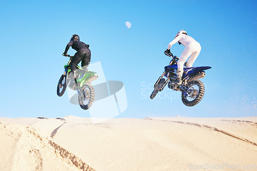 Image of Bike, sand and sports with people in the desert for adrenaline, adventure or training in nature.