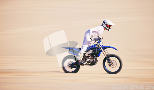 Image of Race, motorbike and person in desert, action and extreme sport with speed, riding outdoor and mockup space. Adventure, fitness and training, motorcycle exercise and freedom, challenge and performance