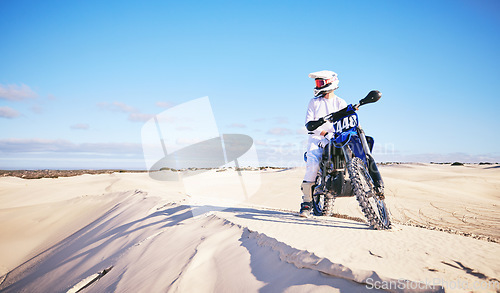 Image of Desert sky, motorcycle or extreme sports person looking at outdoor view, Dubai nature or off road sand dunes. Mockup, freedom or athlete driver, racer or expert rider ready for bike cycling challenge