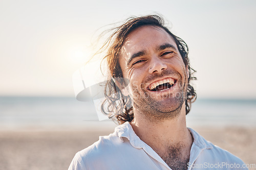 Image of Funny, portrait and man with a smile, outdoor and vacation with summer trip, humor and relax. Face, male person and guy with happiness, in Canada relax and seaside holiday with wellness and laughing