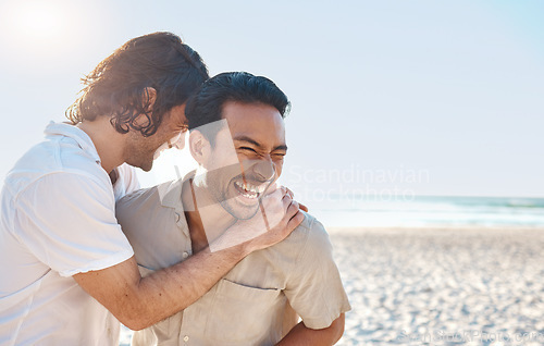 Image of Love, laugh and gay couple, men on beach with hug and smile on summer vacation together in Thailand. Sun, ocean and mockup, happy lgbt people embrace in nature for on holiday with pride, sea and fun.