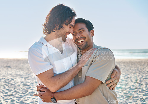 Image of Love, hug and gay men on beach, smile and laugh on summer vacation together in Thailand. Sunshine, ocean and island, happy lgbt couple embrace in nature for fun holiday with pride, sea and sand.