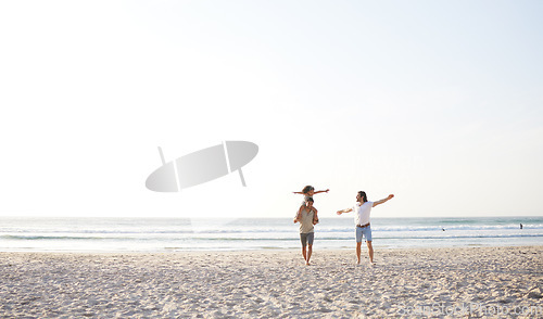 Image of Beach, LGBT and playing kid, happy family and enjoy fun time walking on travel vacation, holiday or nature freedom. Sea water, mockup sky and gay couple, people or parents bonding with adoption child