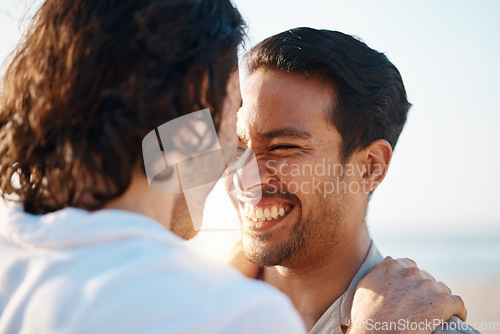 Image of Love, smile and gay couple on beach, embrace and laugh on summer vacation together in Thailand. Sunshine, sea and relax, happy lgbt men hug in nature on fun holiday and pride, care and island romance