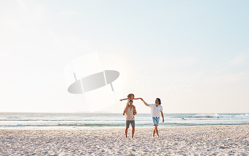 Image of Beach, LGBTQ and walking child, happy family and fathers enjoy fun summer time, ocean vacation and nature freedom. Love, mockup sky and homosexual couple bonding with adoption kid on shoulders of dad