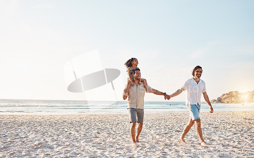 Image of Lgbt parents on beach, men and child holding hands in summer, walking and island holiday together. Love, happiness and sun, gay couple on tropical ocean vacation with daughter on piggy back mockup.