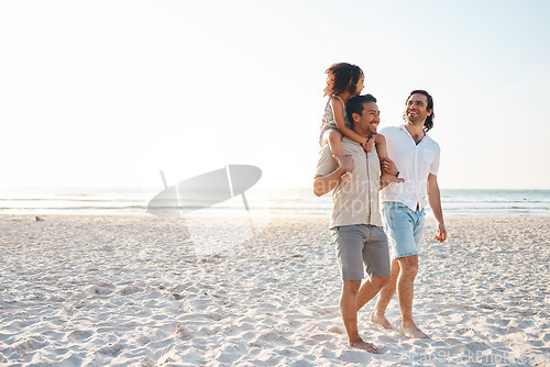 Image of Gay couple, space and piggyback with family at beach for seaside holiday, support and travel mockup. Summer, vacation and love with men and child in nature for lgbtq, happiness and bonding together