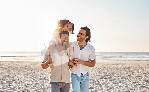 Image of Gay couple, piggyback and relax with family at beach for seaside holiday, support and travel mockup. Summer, vacation and love with men and child in nature for lgbtq, happiness and bonding together
