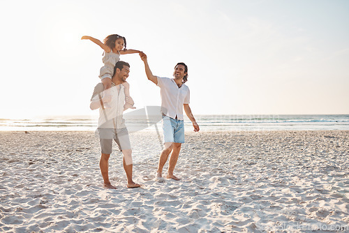 Image of Gay couple, piggyback and holding hands with family at beach for seaside holiday, support and travel mockup. Summer, vacation and love with men and child in nature for lgbtq, happy and walking