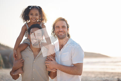 Image of Gay couple, portrait and piggyback with family at beach for seaside holiday, support and travel mockup. Summer, vacation and love with men and child in nature for lgbtq, happy and bonding together