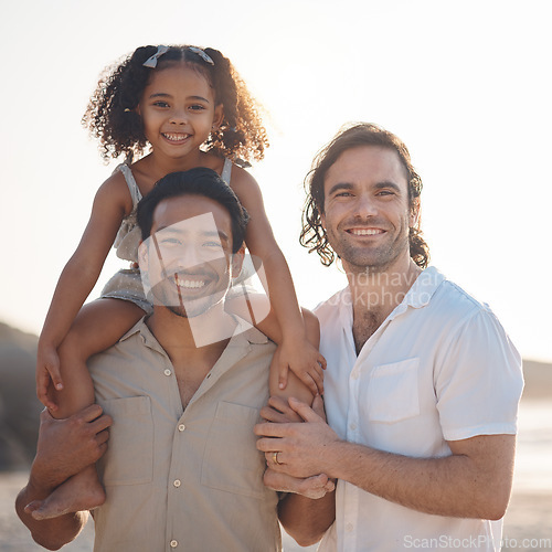 Image of Gay couple, portrait and smile with family at beach for seaside holiday, support and travel. Summer, vacation and love with men and child in nature for lgbtq, happiness and bonding together