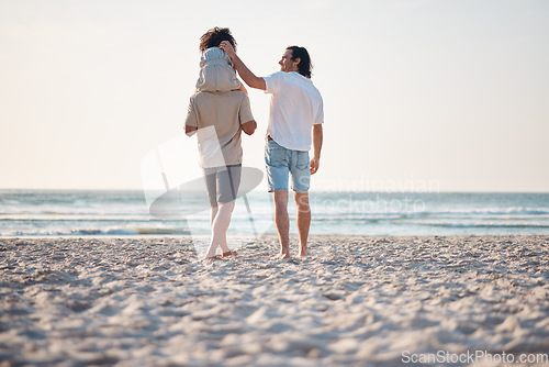 Image of Lgbtq, parents walking or child by ocean as a family in Rio de Janeiro in Brazil with support, care or love. Piggyback, father or kid at sea to enjoy bonding together in nature on beach sand by water