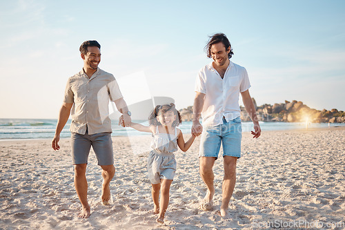 Image of Gay couple, summer and holding hands with family at beach for seaside holiday, support and travel. Relax, vacation and love with men and child in nature for lgbtq, happiness and bonding together