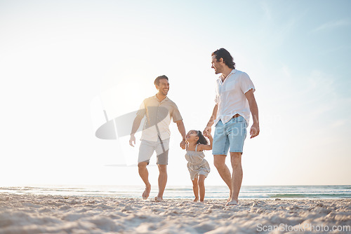 Image of Gay couple, travel and holding hands with family at beach for seaside holiday, support and mockup. Summer, vacation and love with men and child in nature for lgbtq, happiness and bonding together