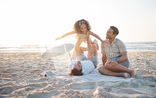 Image of Lgbt family on beach, men with child and flying game on blanket for island holiday together in Hawaii. Love, play and sun, happy gay couple on tropical ocean vacation and parents with girl on sand.